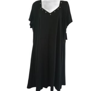 Eloquii  Dress Black V Neck Stud Trim  Short Sleeve  Shift Midi Sz 24  Career...